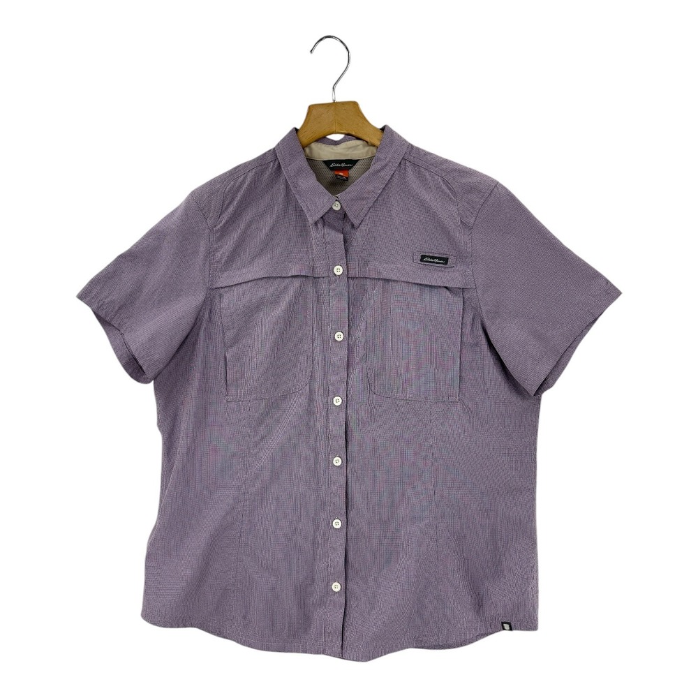 Eddie Bauer Womens Short Sleeve Button Up Shirt Purple Plaid Outdoor Size XL